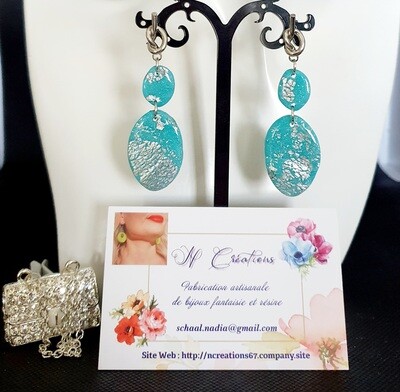 💎 Très jolies B.O ovales en argile Polymère turquoise et feuilles d'argent froissées. Création artisanale. Modèle unique