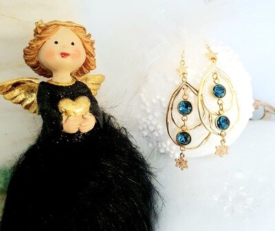 💙 Élégantes et festives 🎄🎉  B.O ovales baroques dorées. Pendentifs en cristal bleu Saphir, sertis. Flocons de neige ❄️☃️